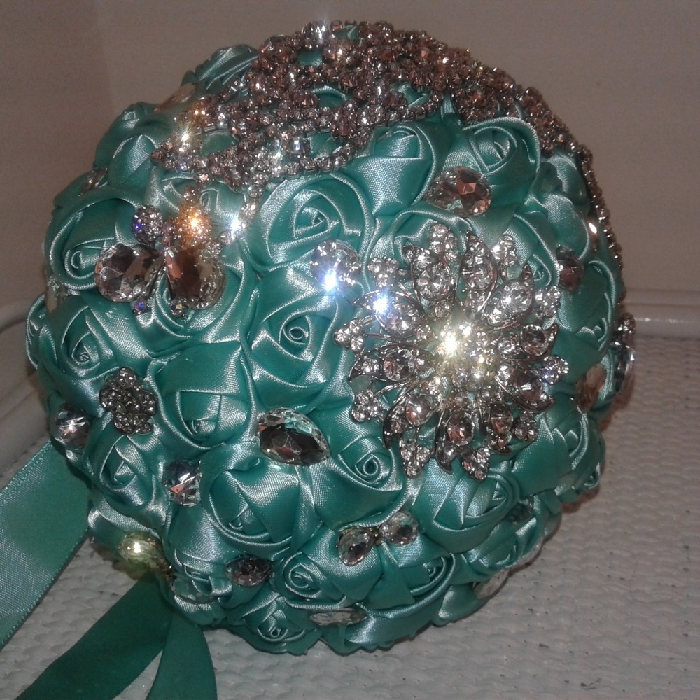 Custome made Brooch Bling Bouquet  Aqua Turquoise